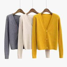 Весенний свитер кардиганы женские 2020 корейский v-образный вырез длинный рукав однотонный вязаный кардиган однобортный свободный свитер вязаное пальто 2024 - купить недорого