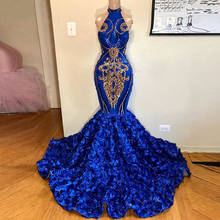 Roayal Blue Muslim Evening Dresses Mermaid Halter Flowers Islamic Dubai Saudi Arabic Long Formal Evening Gown Prom Dresses 2024 - buy cheap