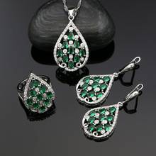 Conjuntos de joyería de plata 925 para mujer, conjunto de collar y anillo con colgante de circonia cúbica verde, cristal blanco, pendientes de gota de agua 2024 - compra barato