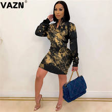 VAZN New Tie Dye Print V-neck Elegant Fashion Mujer Chic Ladies Slim Holiday Shinny Dress 2020 Full Sleeve Lady Mini Dress 2024 - buy cheap