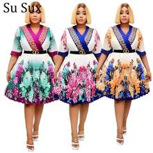 Vintage Pleated A Line Dress African Clothes For Women Dahiki Africa Clothing V Neck High Waist Knee Length Party Dress 2021 2024 - buy cheap