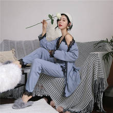 Inverno pijamas femininos conjunto de pijamas de algodão sexy 3 pcs rendas sleepwear para mulher mangas compridas pant sexy robe camisola estilo coreano 2024 - compre barato
