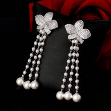 Fashion New Arrival High Quality Luxury Cubic Zirconia Flower Earrings Man-made Pearl Long Tassel Drop Earrings Jewelry 2024 - buy cheap