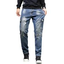Idopy-pantalones vaqueros Cargo para hombre, Vaqueros desgastados con múltiples bolsillos, color azul, Estilo Vintage, de talla grande 2024 - compra barato