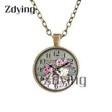 Zdying 2020 New Vintage Flower Round Clock Necklaces Glass Photo Cabochon Dome Pendant Charm Antique Bronze Chian Collar GZ040 2024 - buy cheap