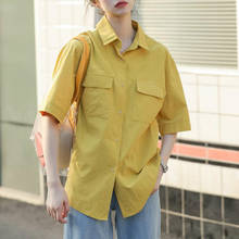 Camisa de manga curta casual feminina, blusa estilo boyfriend com bolsos soltos e gola virada para baixo, de verão, 2020 2024 - compre barato