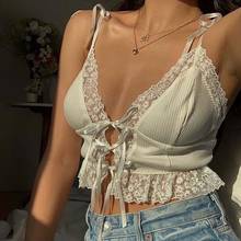 Y2K Tie Front Top Sexy Deep V-neck Lace Trim Cami Tops Vintage Spaghetti Strap Ribbed White Cropped 90s Streetwear Sweet Girls 2024 - buy cheap