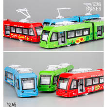1:50 Двухсекционный городской трамвай из сплава, модель автомобиля, детский звук и светильник, игрушка для детей, подарки 2024 - купить недорого
