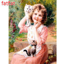 FATCAT Diamond Embroidery Cute girl loves cats 5D Diamond Painting Full Square Round Resin Picture Needlework decoration AE736 2024 - buy cheap