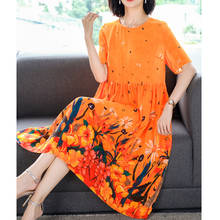 Женское платье средней длины, Элегантное летнее оранжевое платье из шелка тутового шелкопряда с цветочным принтом, модель 3XL, 2022 2024 - купить недорого