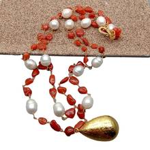YYGEM 2strands Natural Freeform Red Blood Agate Carnelian White Rice Freshwater Pearl statement Necklace 2024 - buy cheap