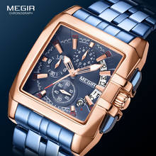 Megir relógio masculino luxuoso azul, de aço inoxidável, cronógrafo de quartzo, 2020 2024 - compre barato