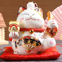 8 polegada cerâmica maneki neko sorte gato caixa de dinheiro moeda banco decoração para casa ornamento com almofada presente do negócio 2024 - compre barato