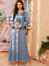 Aligaia Large Size Fashion Ethnic Embroidery Dress For Women 2021 Summer New Dubai Turkey Islam Indian Arabic Muslim Blue Dress 2024 - buy cheap
