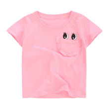 Little mham camiseta rosa de bolso com olhos, pescoço em o e manga curta de algodão, camiseta de malha casual e fofa para meninas, novo, verão 2024 - compre barato