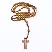 1pc Fashion Women Men Catholic Christ Religious Jewelry Wooden 8mm Rosary Beads Cross Woven Rope Necklace Sweater Chain Decor 2024 - buy cheap