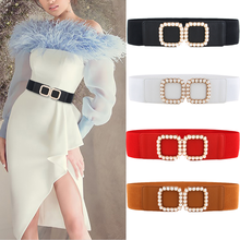 New Elastic Wide Belt Stretch Pearl Alloy Gold Square Buckle Cummerband Lady Party Black Waistbands For Dress Waist Seal Women 2024 - buy cheap