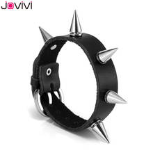 Jovivi-pulsera de cuero de vaca para hombre, brazalete con punta de calavera y Bala ancha, color negro, estilo Punk Rock 2024 - compra barato