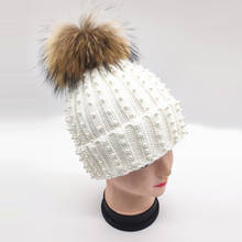 Winter Women's Nature Raccoon Fur Pom Pom Knitted Beanies Rhinestone Beads Pearl Skullies Girls Real Fur Knit Caps Bonnet Hat 2024 - buy cheap