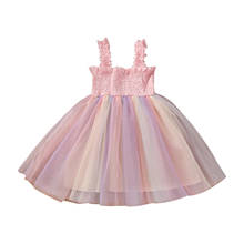 Vestido de princesa infantil feminino, vestidos de verão para meninas com estampa de arco-íris e renda, patchwork, sem mangas, tutu 2024 - compre barato