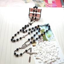 2020 Vintage Fashion Rosary Necklace Black Lava Beads Catholic Praying Beaded Religious Strand Men Women Trendy Jewelry Gift 2024 - buy cheap