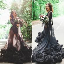 Черная юбка с оборками, свадебное платье, свадебное платье из тюля, иллюзия, сексуальные рукава-трубы, длинный костюм на заказ, Mingli Tengda 2024 - купить недорого