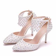 Zapatos de tacón alto con diamantes de imitación para mujer, calzado de tacón alto con encaje floral, con correa en el tobillo, decoración para fiesta, boda 2024 - compra barato