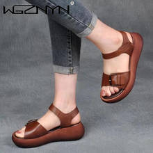 Summer Women's Leather Sandals Vintage Wedge Shoes Woman Buckle Strap Thick Bottom Flats Platform Sandals Flock Sandalias Mujer 2024 - buy cheap