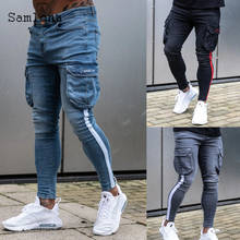 Samlona 2021 New Patchwork Jeans Stripe Mens Fashion Motcycle Demin Pant Multi-pocket Pants Slim Bottom Plus Size Men Trouser 2024 - buy cheap