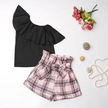 Baby Girls Clothes Summer 2021 Outfits One Shoulder Ruffles Tops Plaid Shorts Kids Clothing 2024 - buy cheap