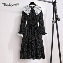 Large Size Women Sweet Polka Dot Dresse Autumn 2022 Hollow Out Lace Ruffle Collar Long Sleeve Loose Casual Long Dresses 2024 - buy cheap