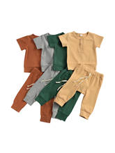 Kawgeett conjunto de roupa de 2 peças para meninos, recém-nascido, verão, cor sólida, manga curta + calça, roupas casuais 0-18m 2024 - compre barato