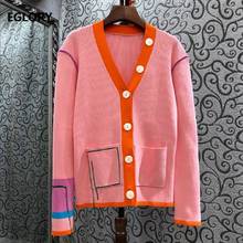 Suéter de manga larga para mujer, cárdigans de alta calidad con cuello en V, retales de bolsillo, Tops informales de punto rosa, abrigo para mujer 2021 2024 - compra barato