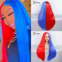 Термостойкий синтетический парик XUMOO с эффектом омбре, длинный, прямой, половина, красный, половина, синий, парик без шнуровки, косплей, фрикцион, женский черный 2024 - купить недорого