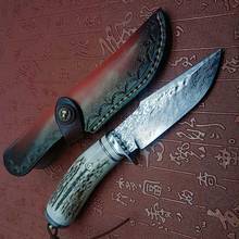Cuchillo de caza de acero de Damasco forjado a mano, cuchillo fijo + cornamenta con cubierta de cuero de vaca, cuchillo para acampar al aire libre 2024 - compra barato