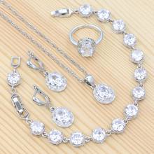 Classic Wedding Jewelry Set White Cubic Zirconia 925 Sterling Silver Jewelry for Bride Earrings Open Ring Pendant Chain Bracelet 2024 - buy cheap