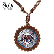 SIAN New Fashion Elephant Mandala Necklace Retro Animal Picture Glass Cabochon Wooden Pendant Jewelry Men Women Good Luck Choker 2024 - buy cheap