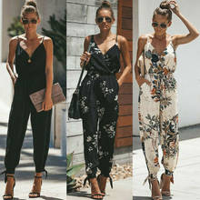 Fashion Women Cotton Floral Jumpsuit Baggy Trousers Overalls Split Pants Casual V Neck Spaghetti Strap Jumpsuits 2024 - buy cheap