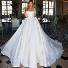 Lceland Poppy A-line Satin Wedding Dresses 2020 Off Shoulder Lace Appliques Pleated Floor Length Vestido de Novia Bridal Gowns 2024 - buy cheap