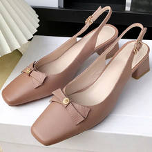 Zapatos de tacón alto grueso de piel auténtica para mujer, calzado sin cordones con punta cuadrada, estilo coreano 2024 - compra barato