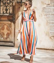 New Bohemian summer dress 2020 Women Casual Rainbow stripes Boho Robe Femme Sexy V-neck Cross Backless Beach Maxi Dress 2024 - buy cheap