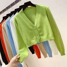 Knitted Crop Cardigan Women Korean Short Sweater Long sleeve V neck Green Blue 2024 - buy cheap