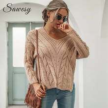 Pullover Hollow Out Casual Sweater Women Fall Winter 2020 New Arrival Long Sleeve V Neck Loose Knitted Sweaters Khaki White 2024 - buy cheap
