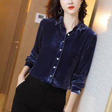 Hstar blusa feminina de escritório, blusa de veludo azul com botão, camisa para mulheres, preta, casual, nova primavera de manga comprida, camisetas tamanho grande 2024 - compre barato