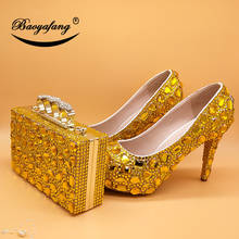 BaoYaFang-zapatos de boda de cristal para mujer, calzado de tacón alto con plataforma de cuero auténtico, color oro amarillo, con bolsos a juego, nuevos 2024 - compra barato
