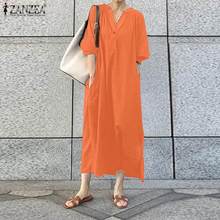 Zanzea-vestido feminino liso com manga bufante, decote v, moda casual, camisa, manga bufante, midi, verão 2021 2024 - compre barato