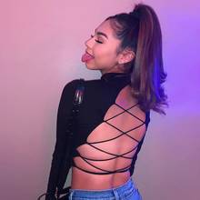 New women's round neck long sleeve sexy backless strappy slim T-shirt 2024 - buy cheap