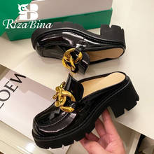 RIZABINA nova moda de alta qualidade sandálias de couro genuíno dedo do pé quadrado grosso salto alto metal corrente lofers calçados tamanho 34-40 2024 - compre barato