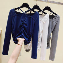 Blusa feminina de manga longa com faixa cruzada, camiseta estilosa casual de verão para mulheres, com manga comprida, 2021 2024 - compre barato