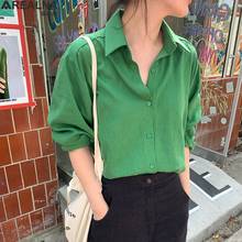 Blusa informal Vintage de algodón y lino para mujer, camisa verde con botones, Tops salvajes de gran tamaño para oficina, primavera y verano, 2021 2024 - compra barato